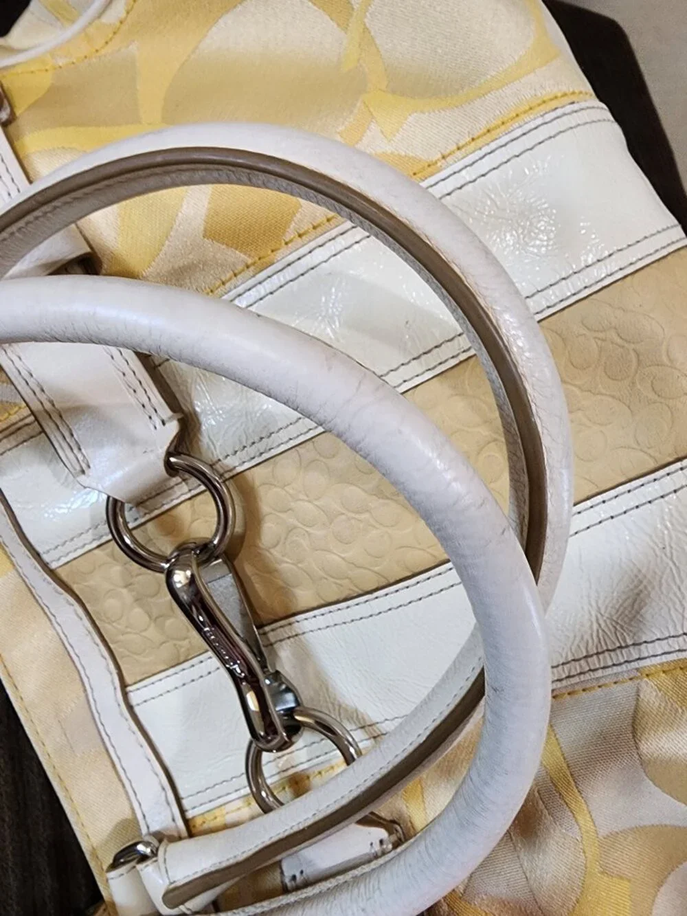 Coach Hampton Optic Signature Stripe Yellow White Double Handle Shoulder Bag